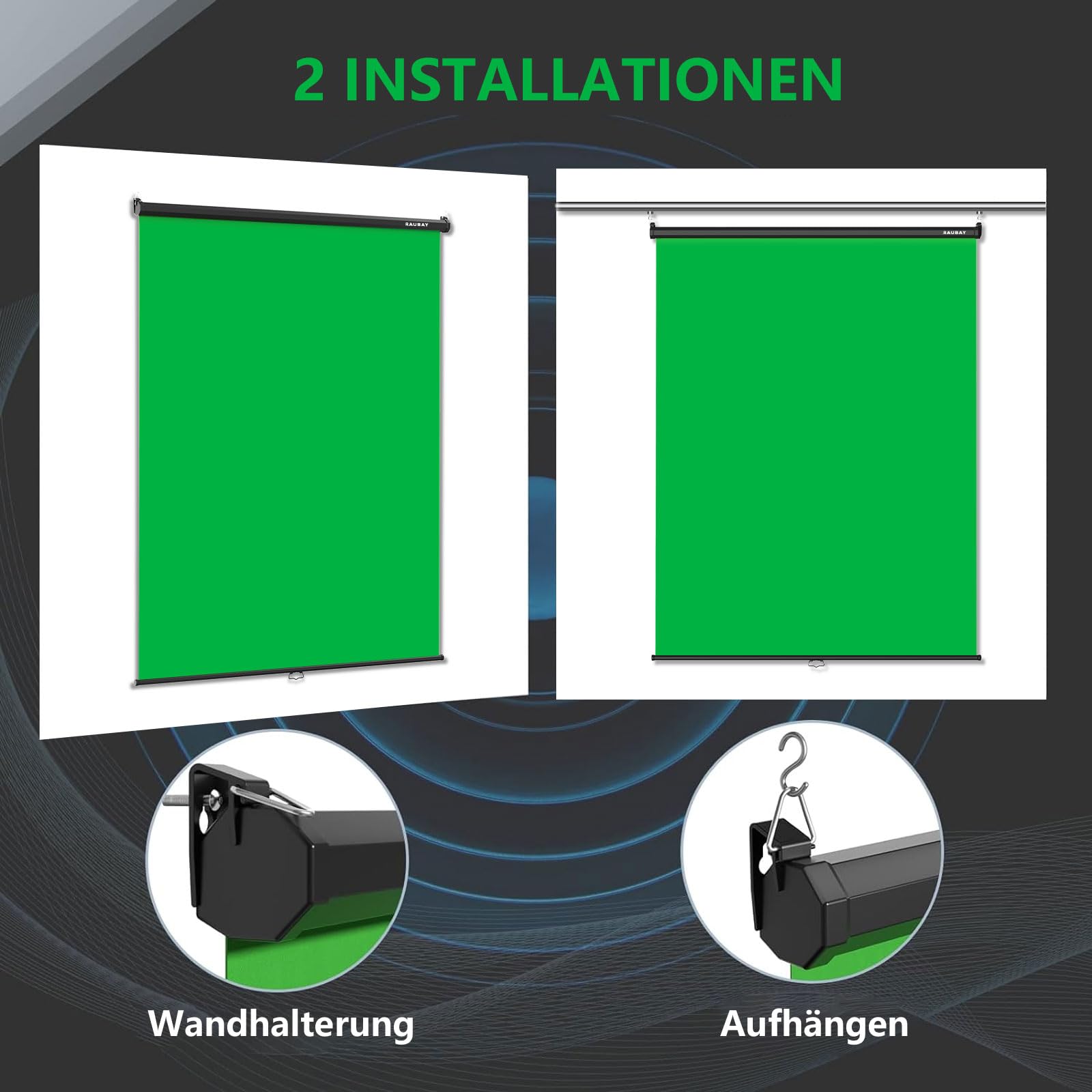 RAUBAY 152x220cm Einziehbarer Greenscreen Chroma-Key-Hintergrund | Herunterziehbarer zusammenklappbarer Wandhintergrund für professionelle Videoproduktion, YouTube, TikTok, Streaming
