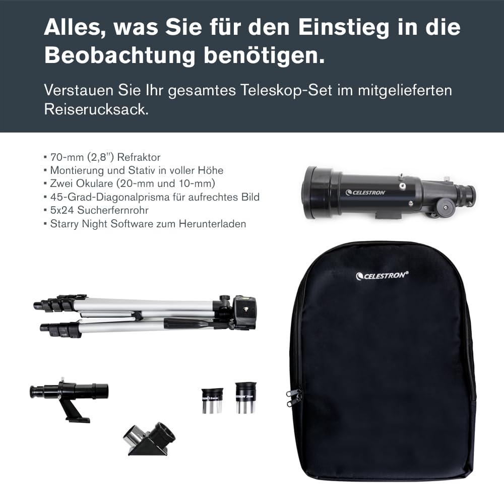 Celestron 21035 Travel Scope 70 Portable Refractor Telescope Kit with Backpack, Black