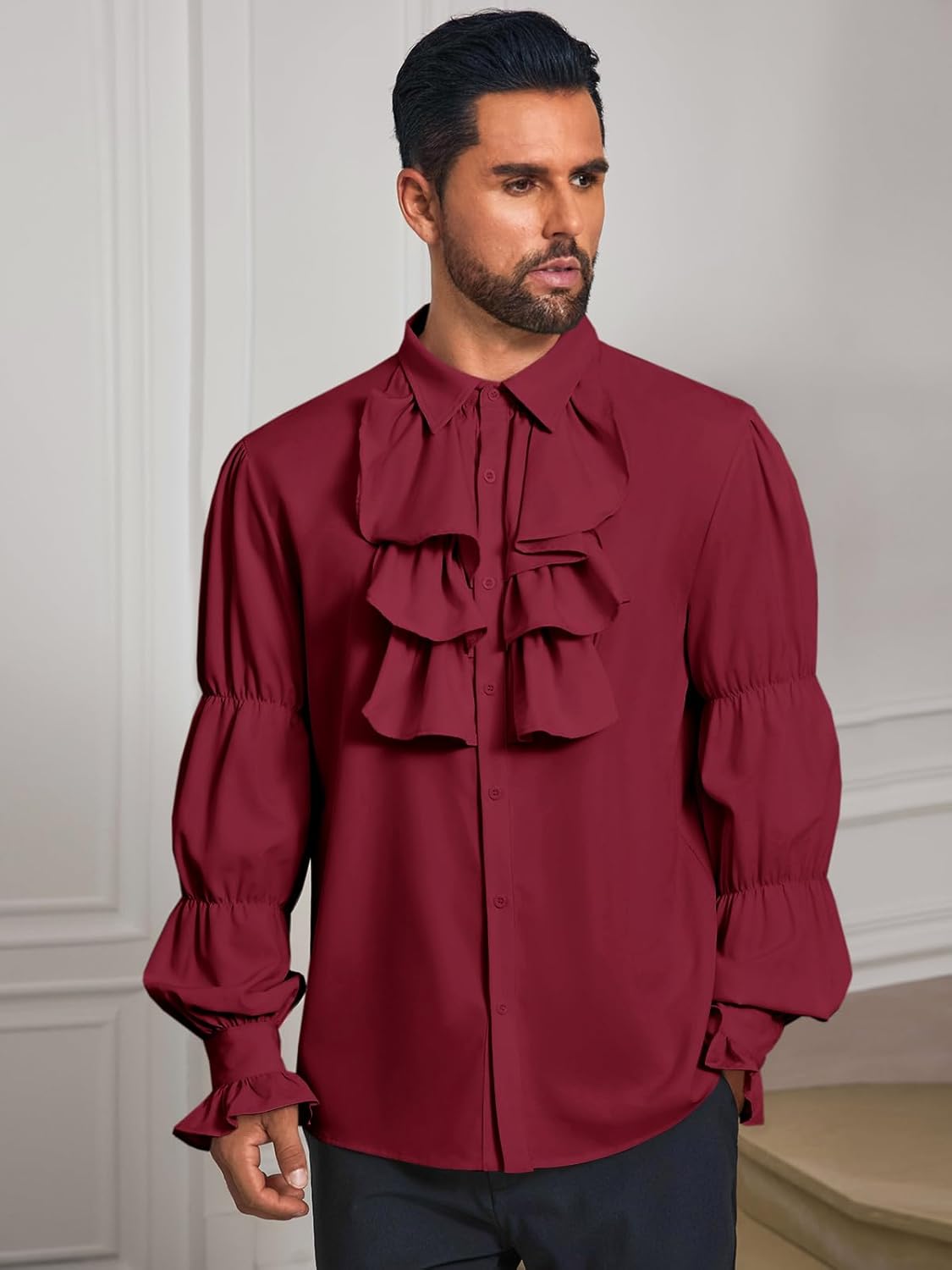 Runcati Mens Pirate Shirt Ruffle Victorian Renaissance Vampire Poet Puffy Shirts Gothic Steampunk Medieval Costume - Image 2