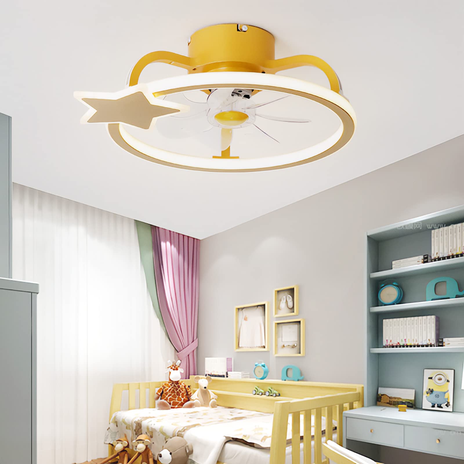 Ventilatore Da Soffitto Con Luce E Telecomando LED Dimmerabile Lampadario Con Ventilatore DC Reversibile 6 Velocità Timer Bellissima Plafoniera Con Ventilatore Per Cameretta Bambini -Yellow||S