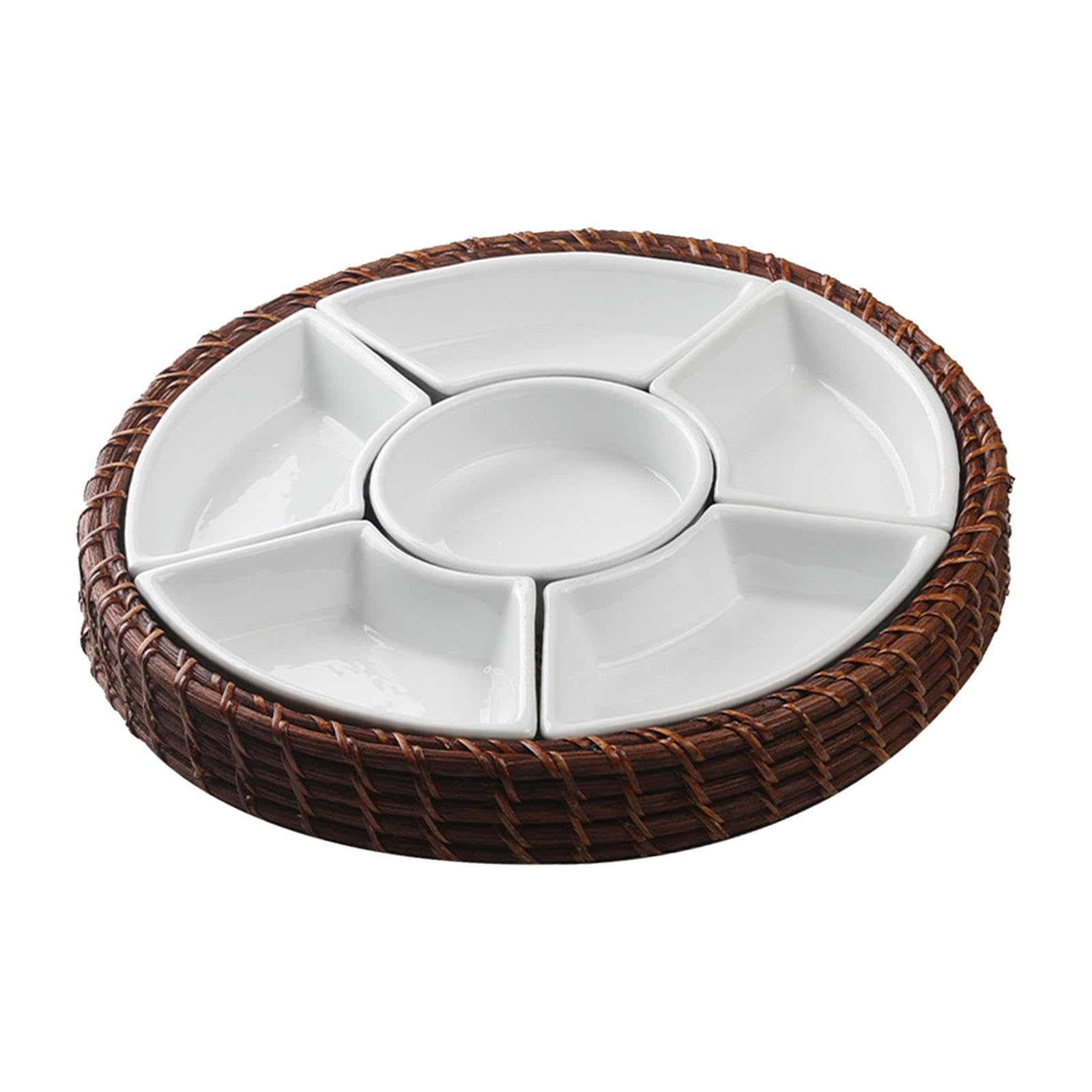 Bandeja Dividida para Snacks con Compartimentos Desmontables Plato de Aperitivos para Frutas Bandeja de Rattan y Diseño Pastoral Adecuada, Marrón