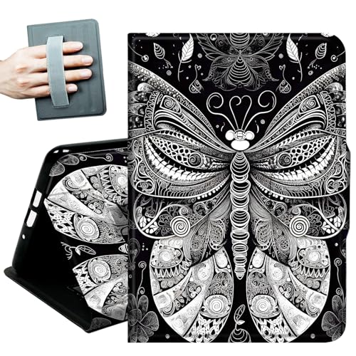 Case for Amazon Fire HD 10 Tablet (7th and 9th Generation, 2017 and 2019 Release) with Hand Straps and Auto Wake/Sleep PU Leather Slim Multiple Angles Stand Smart Cover,Black White Butterfliy