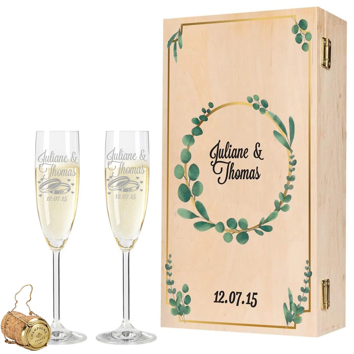 GRAVURZEILE Leonardo - Set di calici da spumante, motivo eucalipto, incisi con nome e data, con scatola di legno vintage, regalo per la coppia di sposi per matrimonio, fidanzamento e anniversario