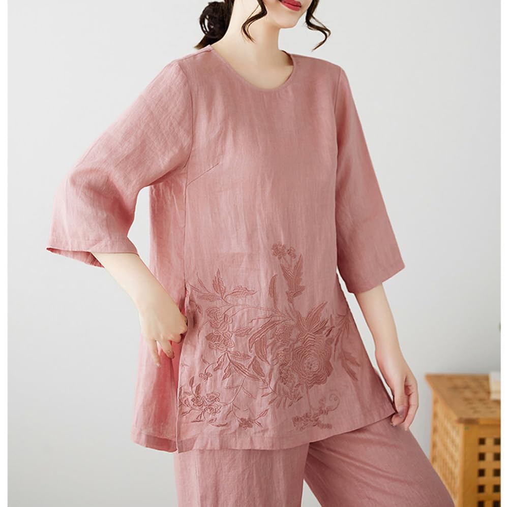 PRINCESS BRIDE Elegante set di due pezzi da donna in lino con stampa floreale con orlo a fessura top ramiè pantaloni a gamba larga tasche laterali