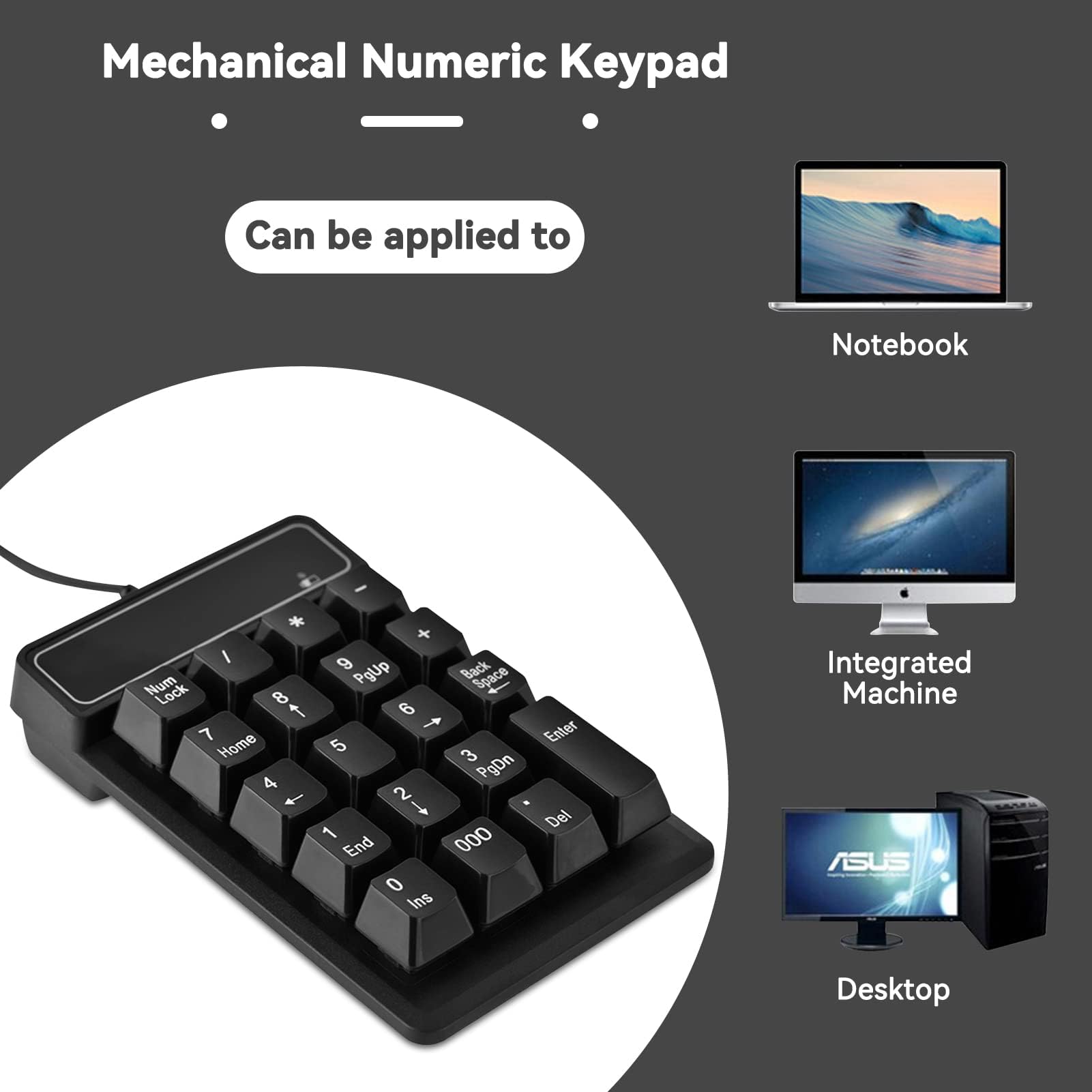 Mechaniczna klawiatura numeryczna, 19 klawiszy Klawiatura numeryczna 1,5M/5FT USB przewodowa klawiatura numeryczna do laptopa Komputer stacjonarny