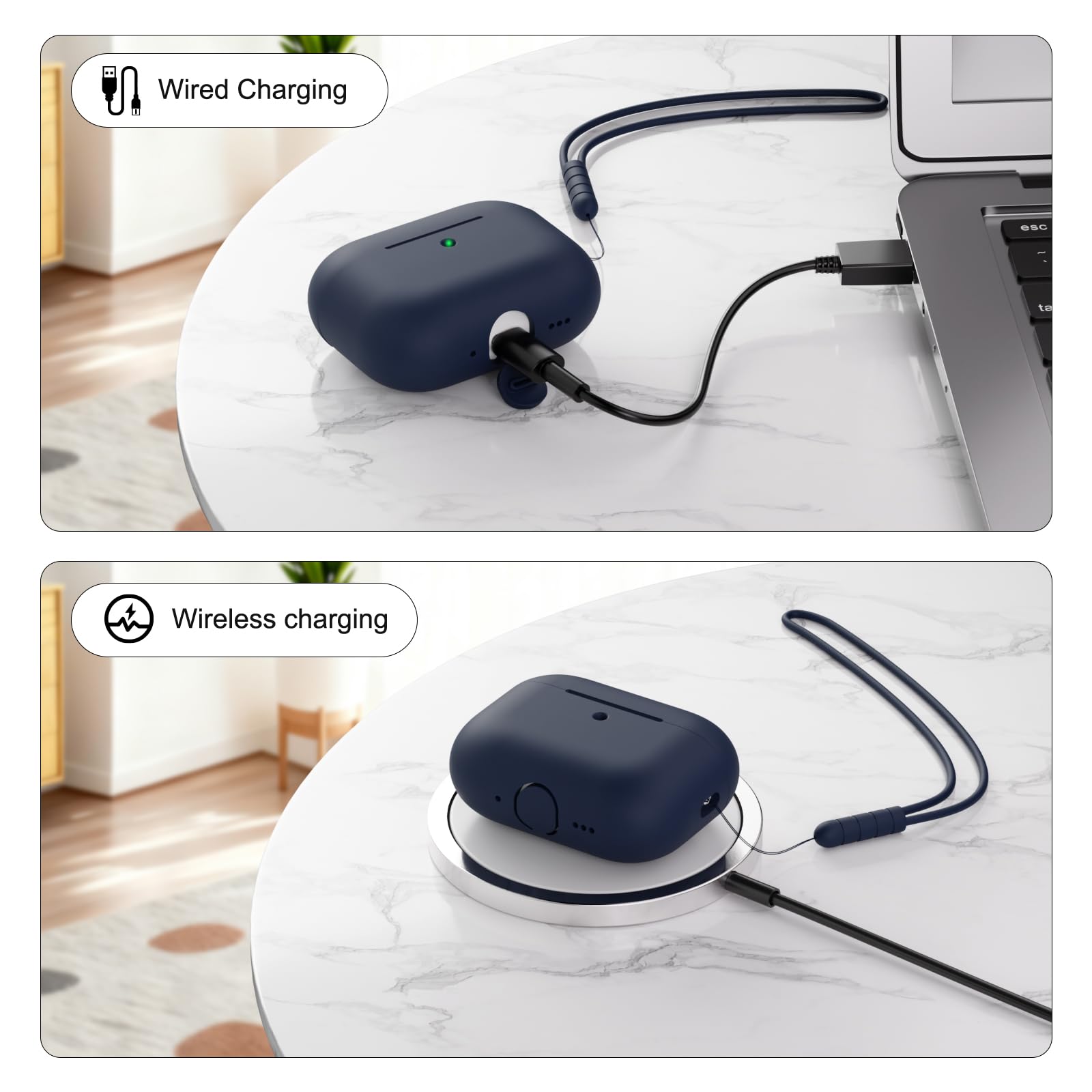 Etui ochronne kompatybilne z Airpods Pro 3 generacji, pełna ochrona, silikonowe etui do AirPods Pro 3 ze smyczą, przednia dioda LED może być widoczna, Midnight Blue