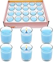 Vista 6 de Juego de 20 velas votivas azul bebé de vidrio transparente rellenas de cera de soja sin aroma para el hogar, spa, bodas, vacaciones, baby shower