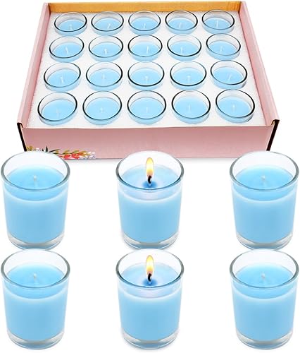 Miniatura 6 de Juego de 20 velas votivas Babyblue con relleno de vidrio transparente sin perfume de cera de soja para el hogar, spa, bodas, vacaciones, baby