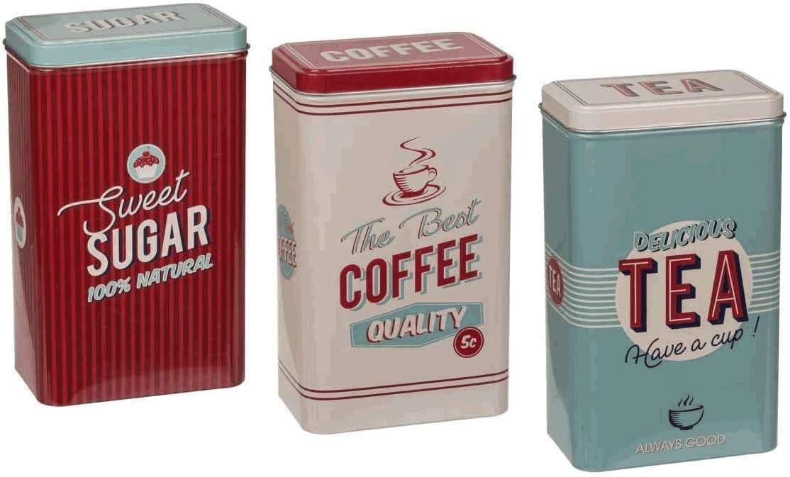 Retro Set of 3 Stainless Steel Tea Coffee Sugar Jar Canisters Kitchen Container Tins Storage Organiser Set Air Tight Vintage Design
