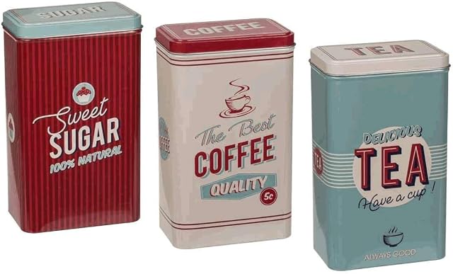 Almineez Retro Set of 3 Stainless Steel Tea Coffee Sugar Jar Canisters Kitchen Container Tins Storage Organiser Set Air Tight Vintage Design