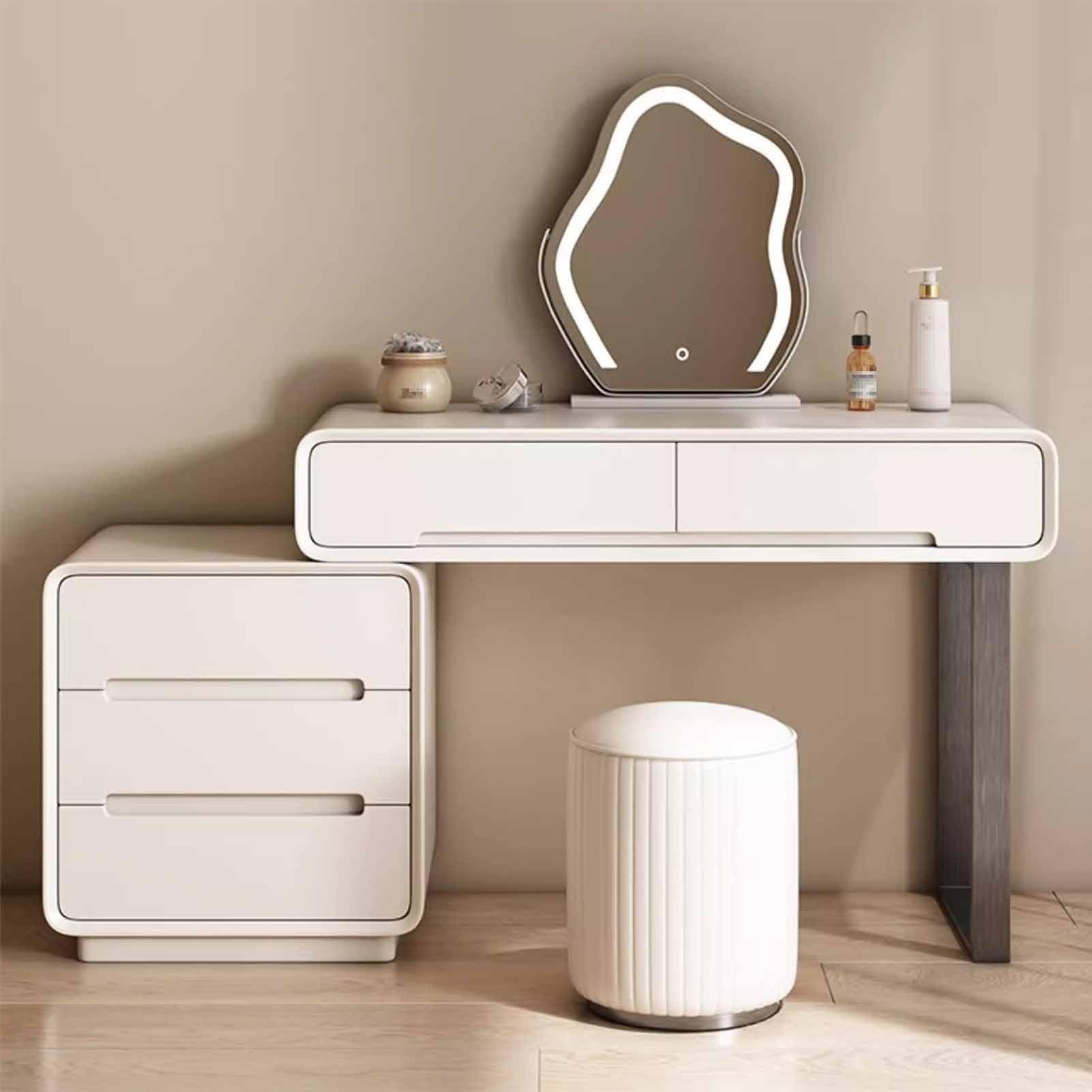 CGCSYZ Makeup Vanity Table, Vanity Desk with 5 Flannel Drawer, Makeup Dressing Table with Movable Bedside Table, Wood Makeup Table, Metal Leg, Vanity Set with Mirror and Stool(80cm/31.5in)