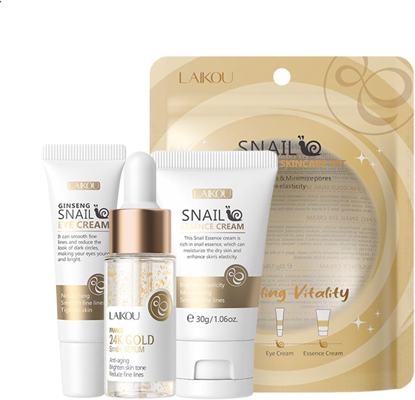 Snail Mucin Skin Care Set,Gold Snail Serum,Ginseng Snail Eye Cream,Snail Essence Cream 3 in 1,Improve Damaged Skin Lmproves Elasticity and Minimizes Pores(3pcs)