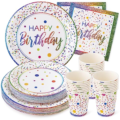 Royal Bluebonnet Rainbow Birthday Plates - Set of 24 - 9 & 7 inch Plates, Napkins, and Cups Party Supplies, Sturdy 400 GSM Weighted Rainbow Happy Birthday Party Decorations for Boys, Girls, and Tweens