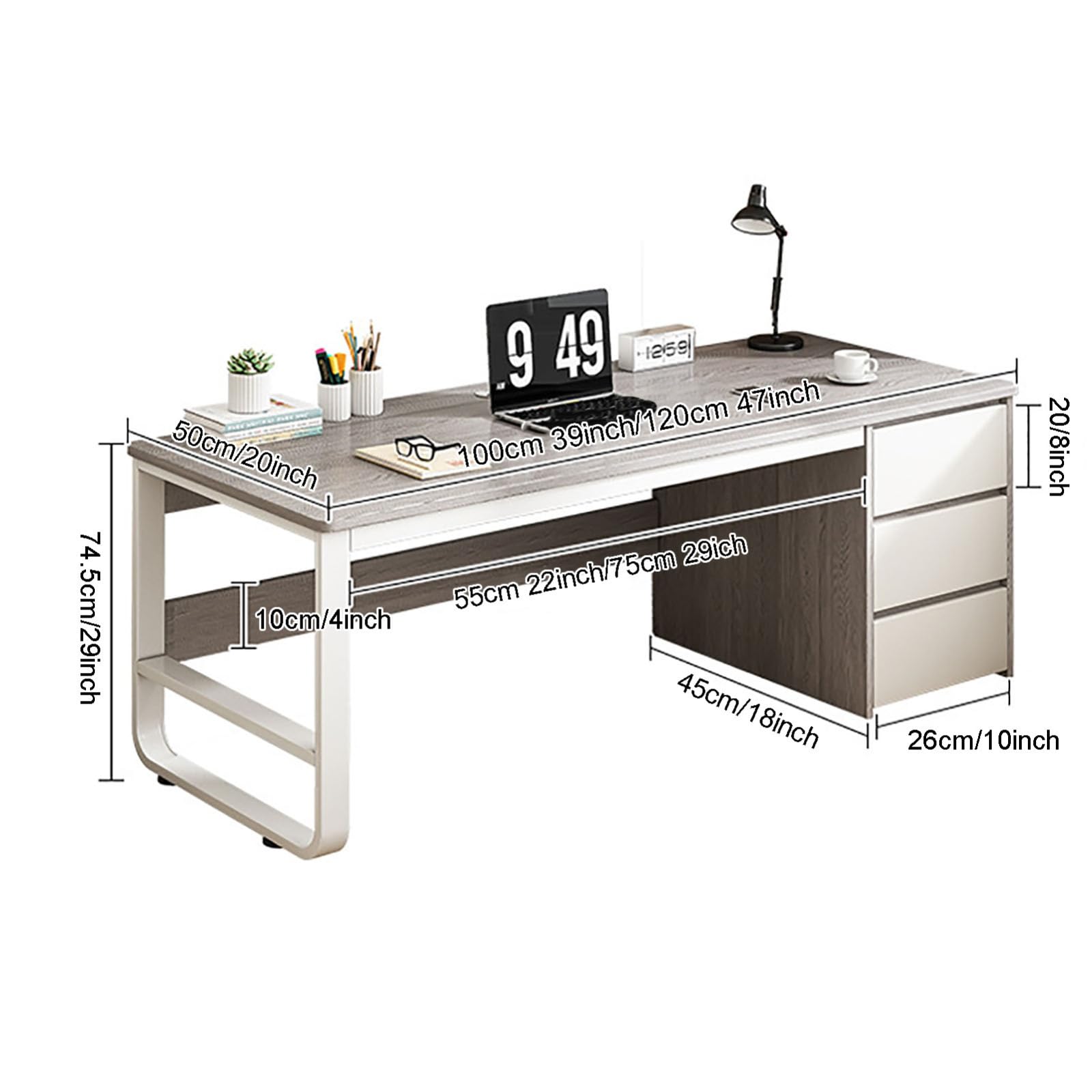 Biurko do pisania w stylu industrialnym z 3 szufladami, nowoczesne domowe biuro, PC, biurko do nauki dla produktywności (99 x 50 x 73 cm)