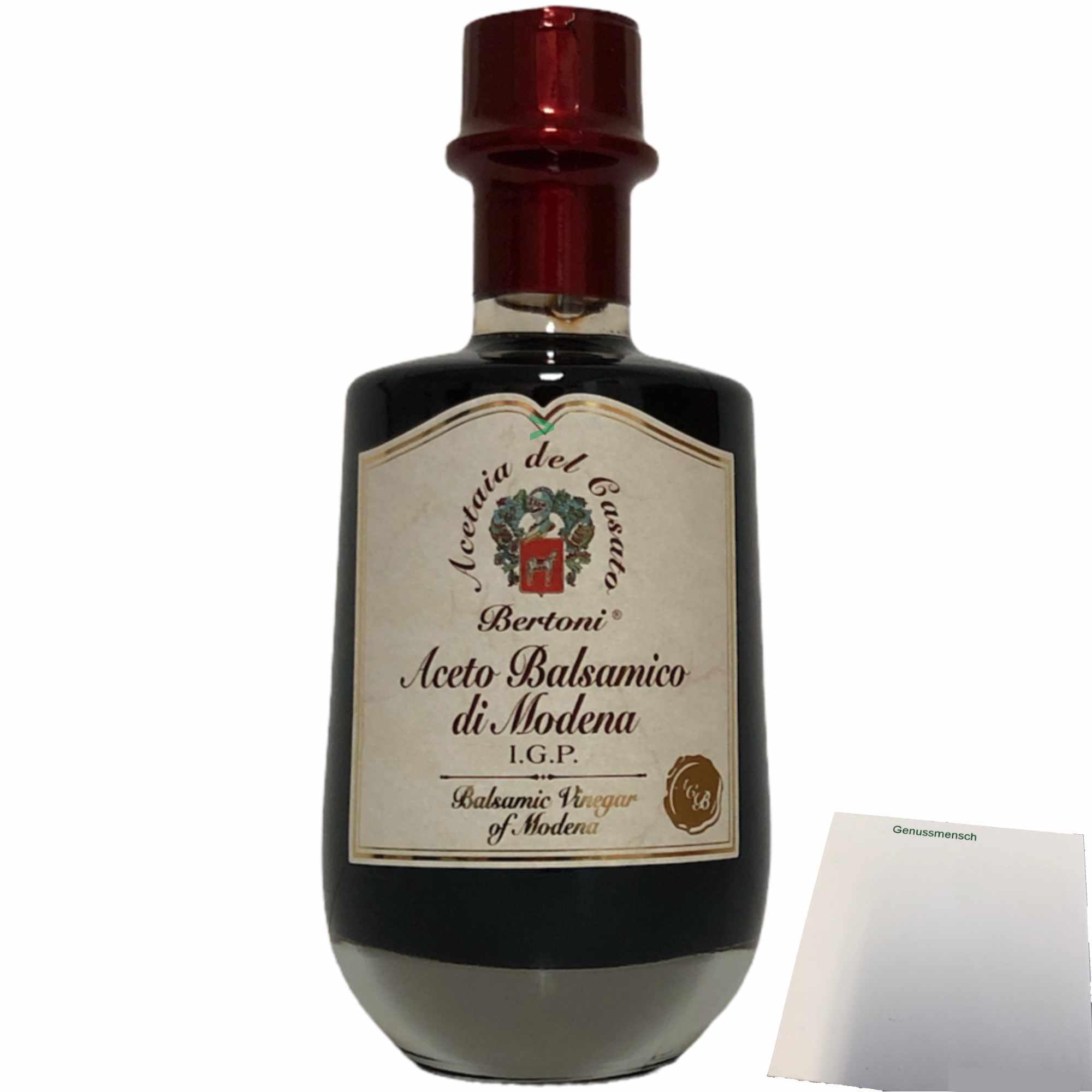 Bertoni Aceto Balsamico di Modena IGP Oro Gold 8 Jahre gereift (250 ml Karaffe) + usy Block