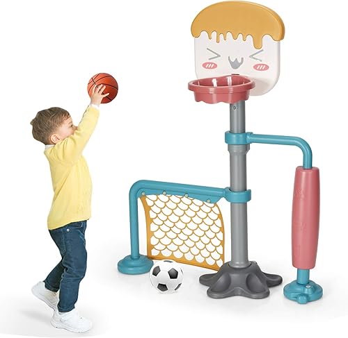 Costzon - Soporte de baloncesto 3 en 1 para niños y porteros de fútbol soporte de baloncesto con altura ajustable centro de actividades interior y