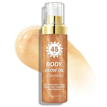 Shimmer Sunscreen,Coconut Body Shimmer Oil,3.72 fl oz,03 AMBER | SPF 45 Moisturizing Body Glow Oil with Gold Mica,Water Resistant,Lightweight Non-Sticky,Absorbs Quickly,Glowing Results
