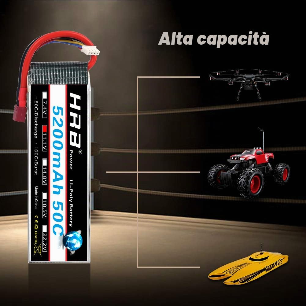 HRB 2PCS 3S 11.1V 5200mAh 50C Batteria Lipo per RC Drone Helicopter Airplane Quadcopter Car Truck (Dean T Plug Style)