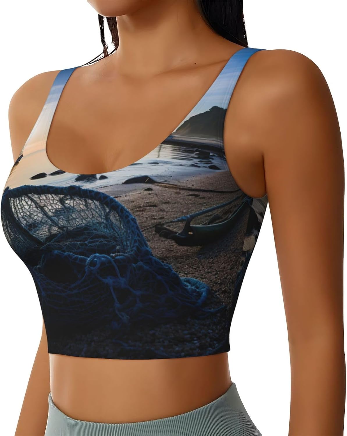 Fishing Nets Print High Impact Sports Bras,Longline Sports Bra,Perfect For Yoga,Running And Gym Workouts