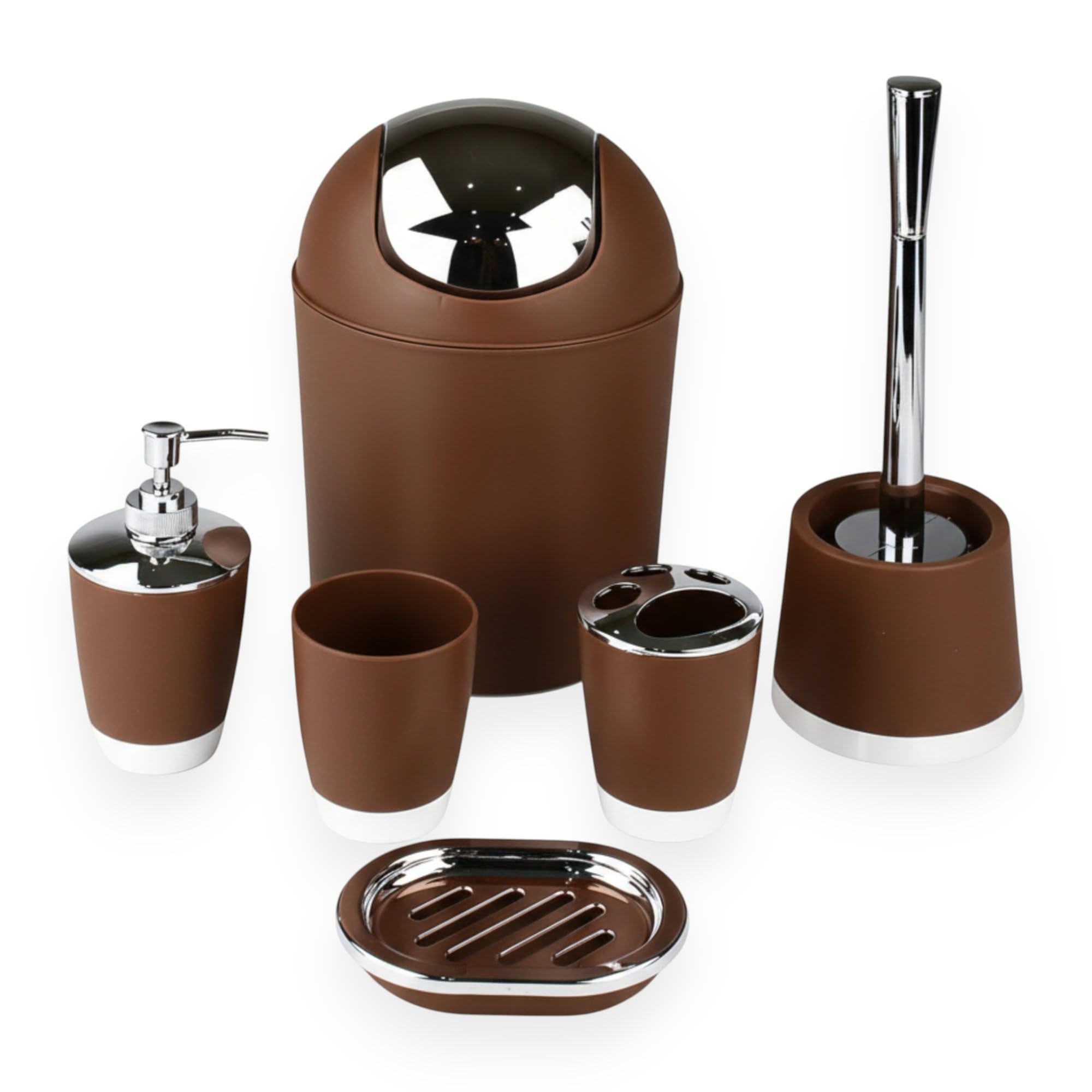 GMMH 6-Piece bathroom accessory set, soap dispenser, holder, toilet brush, bathroom set, brown — image 1