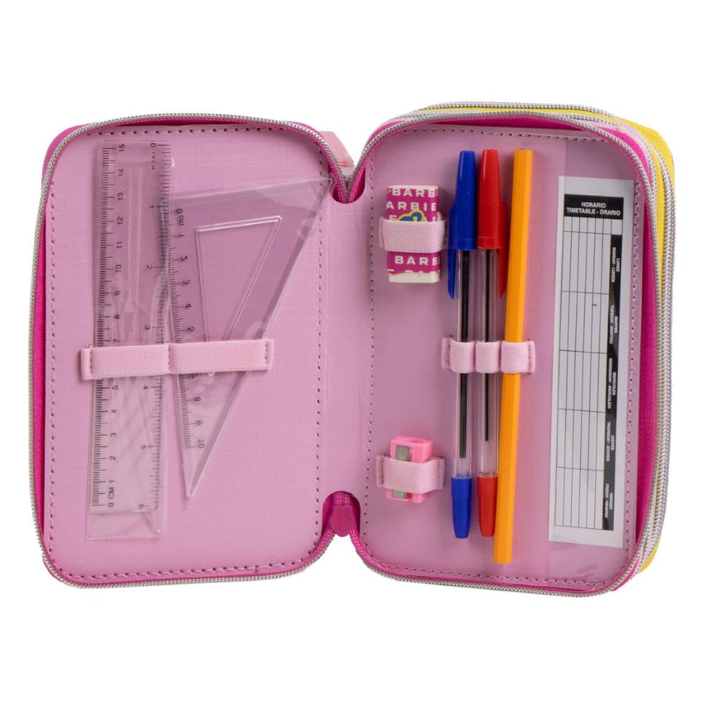 CARTOON School Pencil Case 3 Zip Triple Multi-Compartment Complete 44 Pieces Colours Giotto Children's Stationery, Barbie, 12,5 x 6,5 x 19,5 cm, Pencil Cases - Image 2