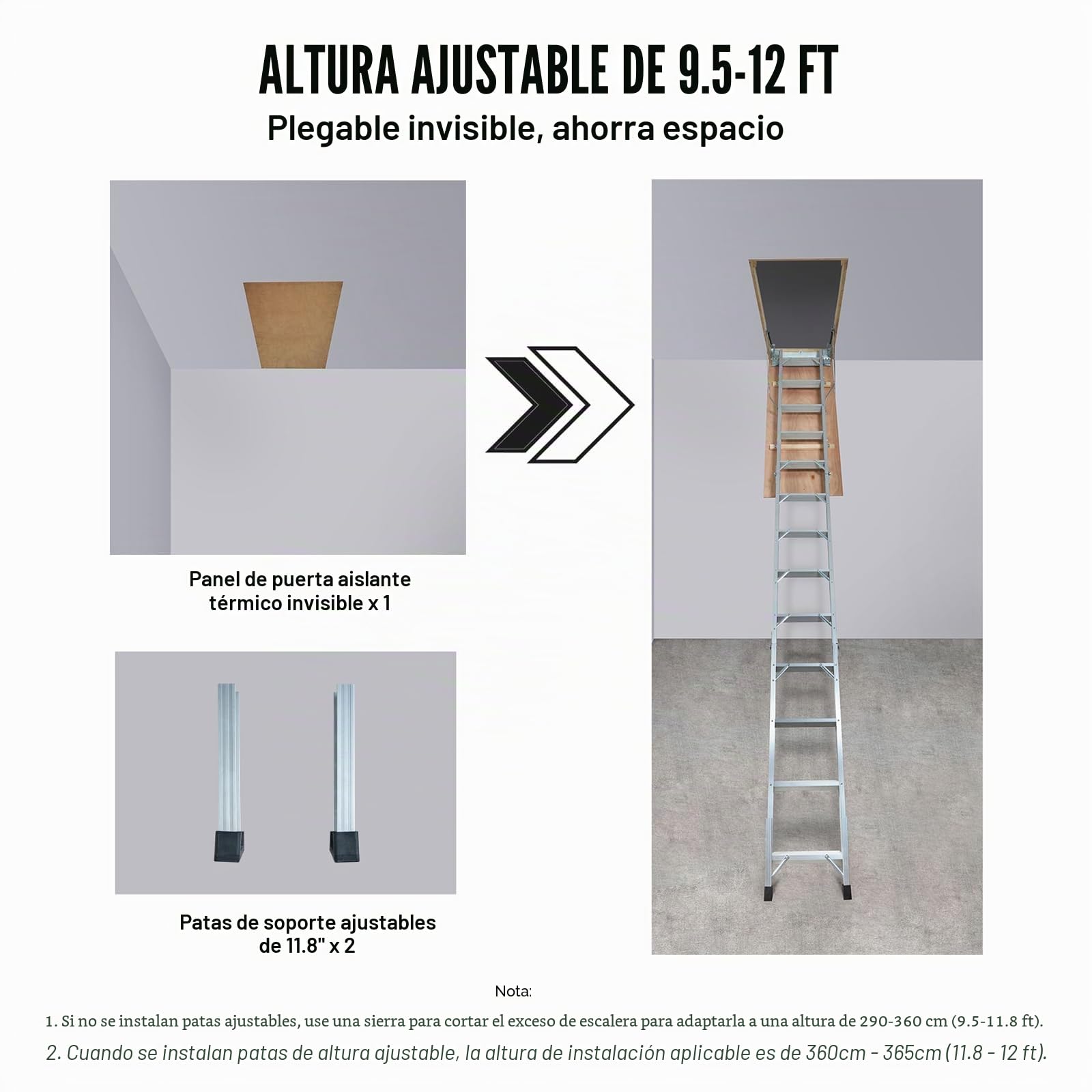 VEVOR Escalera Telescópica Plegable de Aluminio para Ático 570 x 1600 mm Capacidad de Carga de 158,8 kg Extensión Multiusos Ligera y Portátil Altura de Instalación 9,5'-12' para Ático, Oficina, Hogar