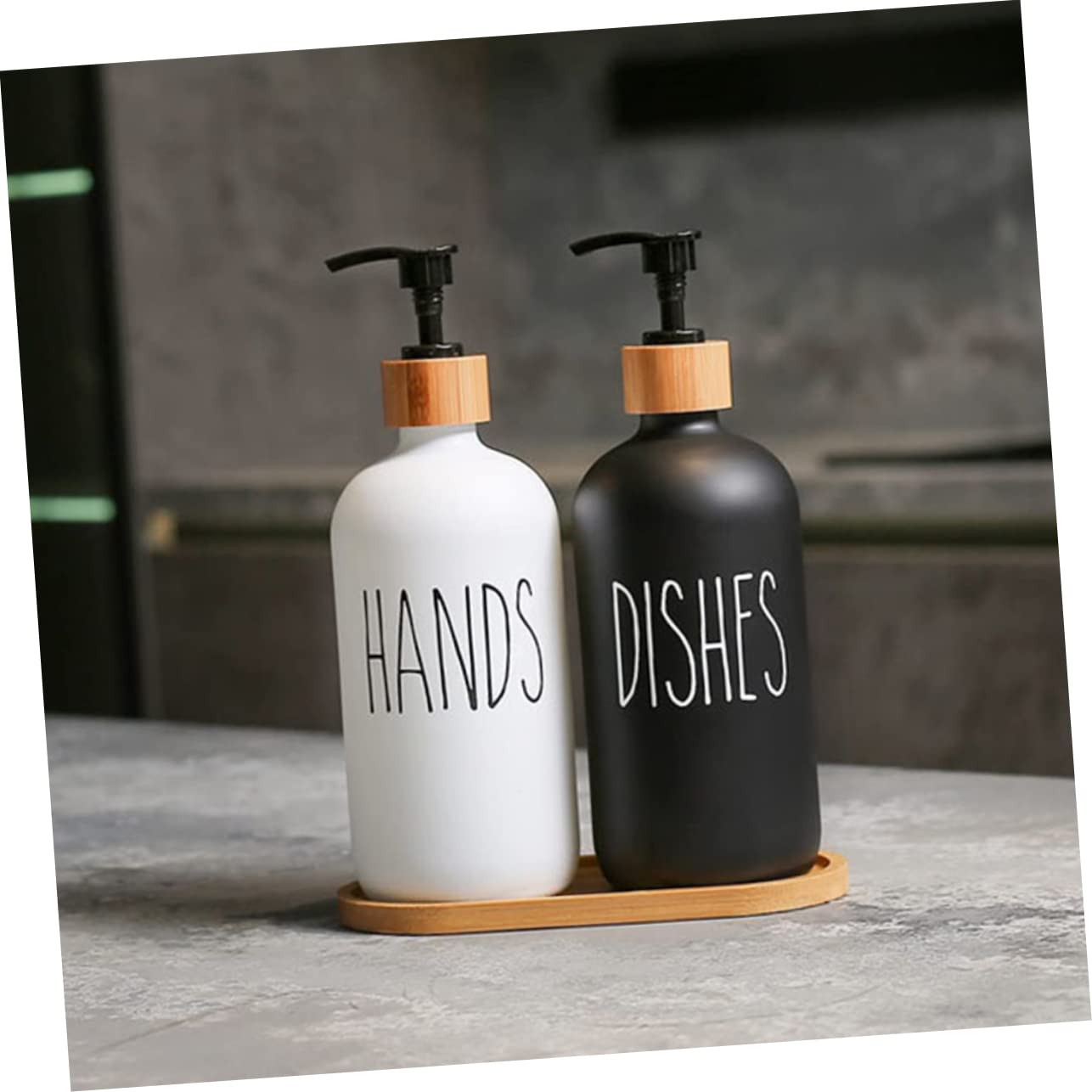 Dispensador de Jabón Líquido de Vidrio con Bomba, 1 Juego | Bandeja de Madera Incluida, para Lavabo y Ducha, Recargable Diseño de Presión