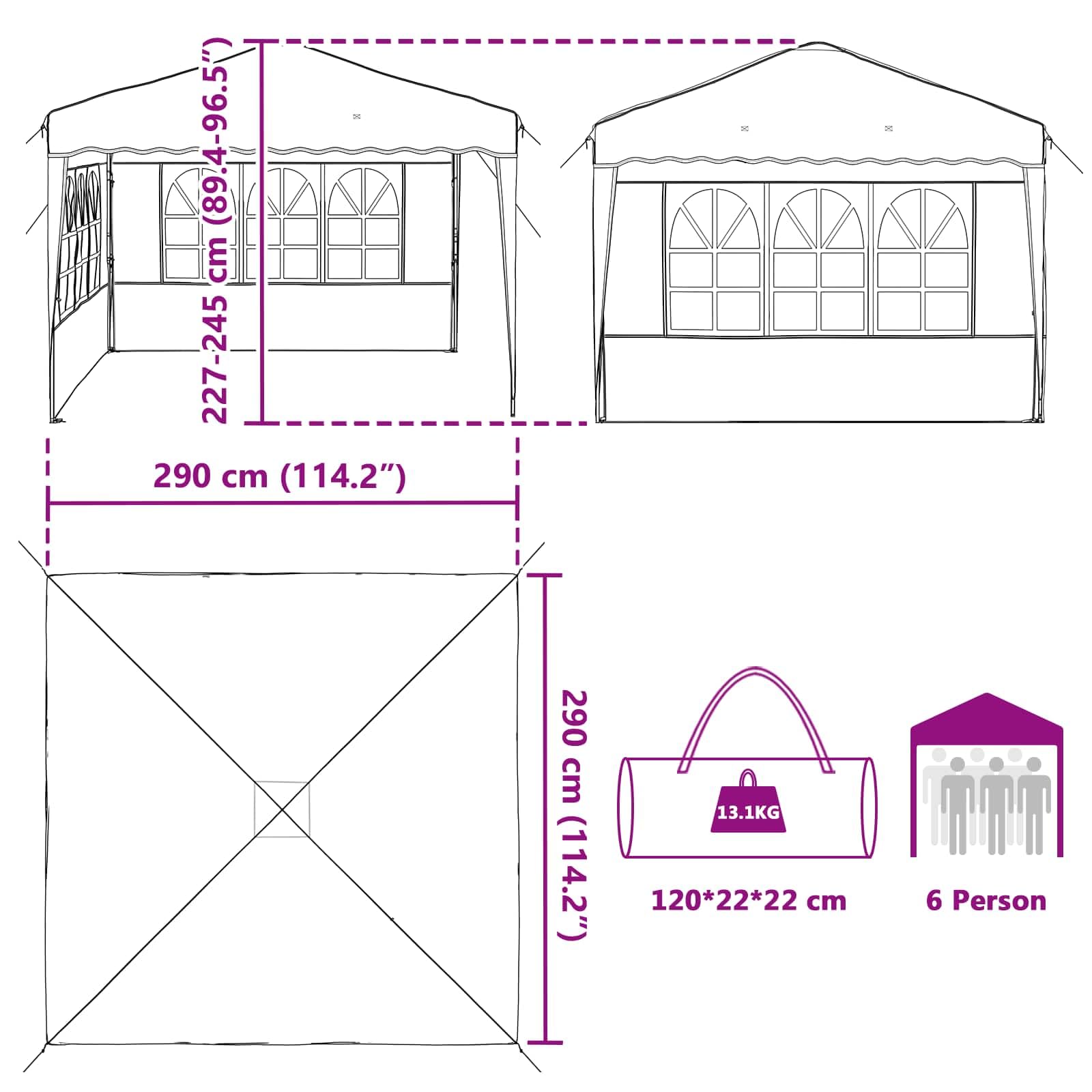 Namiot imprezowy Pop-up 288 x 288 x 245 cm, kremowy materiał Oxford, namiot ogrodowy, odporny na działanie warunków atmosferycznych, z ochroną przed promieniowaniem UV, częściami bocznymi