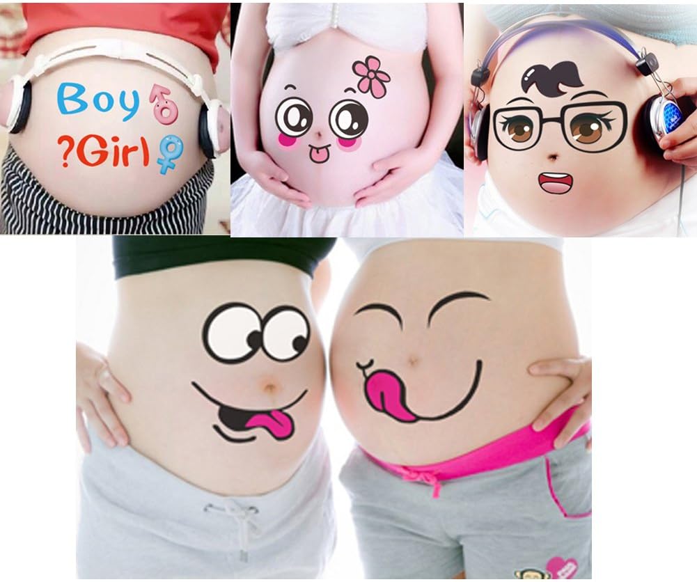TAFLY Maternity Belly Stickers Facial Expressions Bump Pregnant Week Stickers 5 Sheets