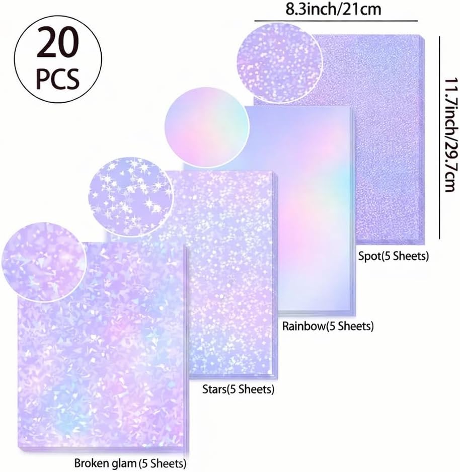 20 Holographic Stickers, A4 8.5”x11” Waterproof self-Adhesive Vinyl Overlay, Holographic Sticker Paper for Stickers, DIY Crafts, Labels, and Decals with Transparent Holographic Film