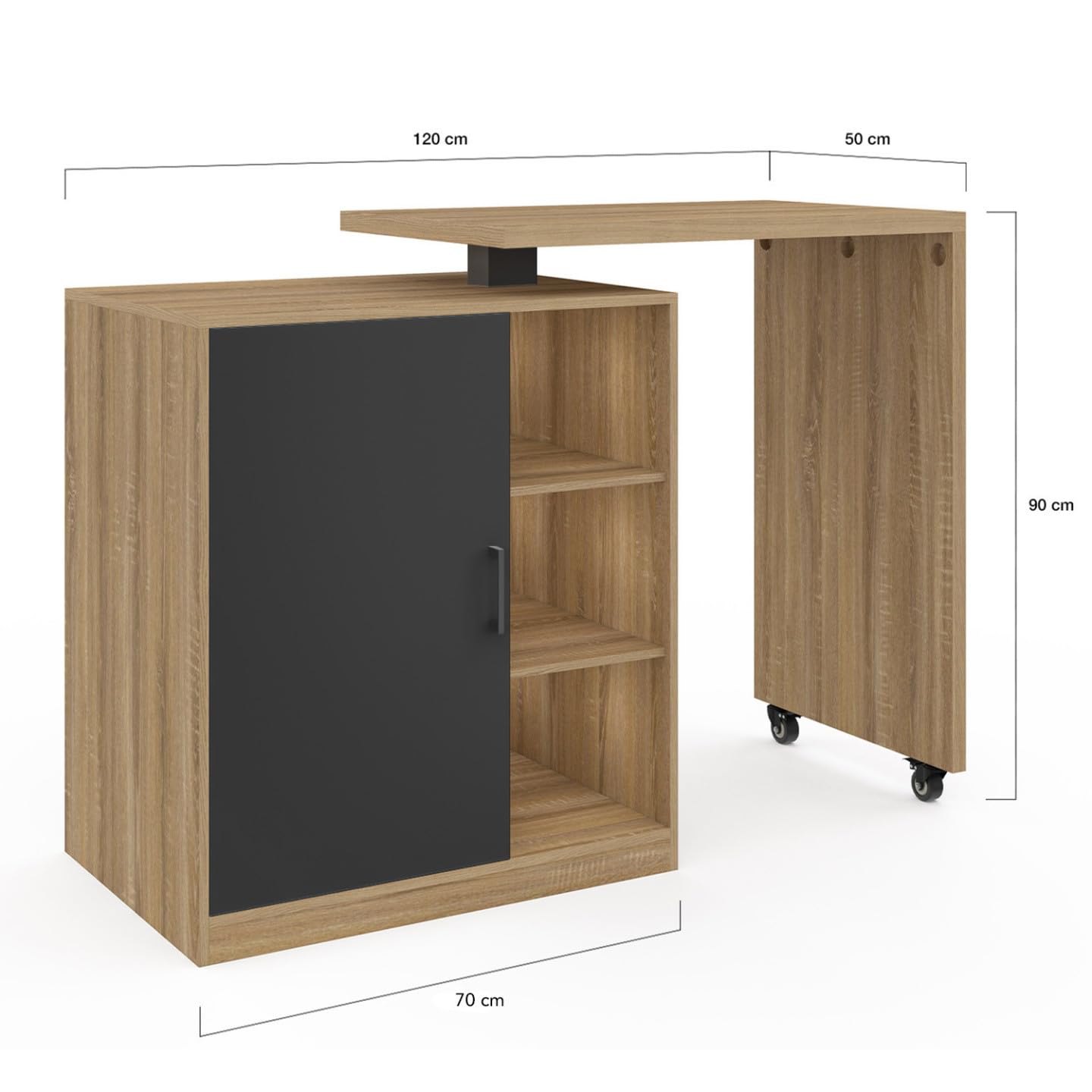 IDMarket - Ilot rotatif POLO meuble de bar pivotant 2 en 1 imitation hêtre porte noire