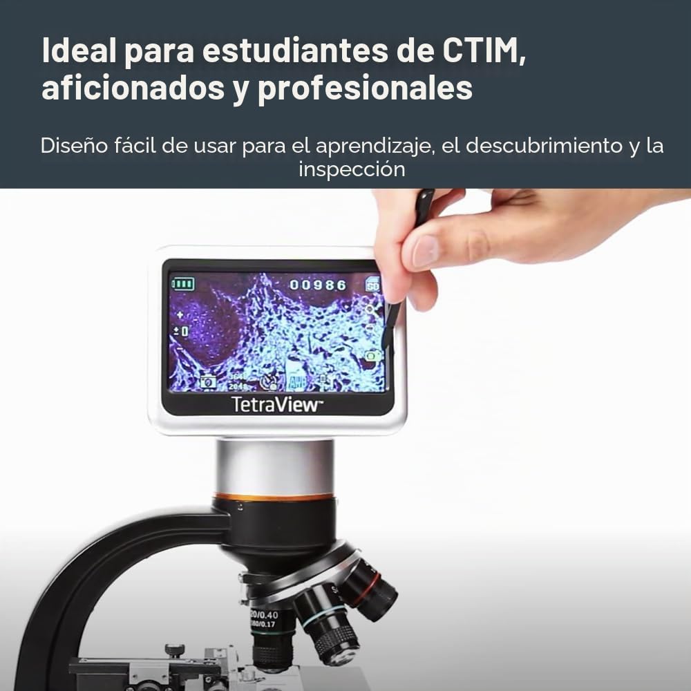 Celestron 44347 TetraView: microscopio digital con pantalla táctil LCD, 40x-400x aumentos, negro/plata