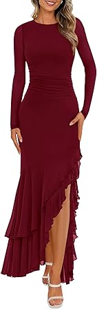 BTFBM Women's Maxi Dresses Fall 2025 Long Sleeve Ruched Bodycon Solid Ruffle Mermaid Cocktail Wedding Guest Dress