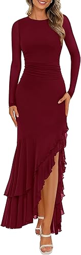 BTFBM Women's Maxi Dresses Fall 2025 Long Sleeve Ruched Bodycon Solid Ruffle Mermaid Cocktail Wedding Guest Dress