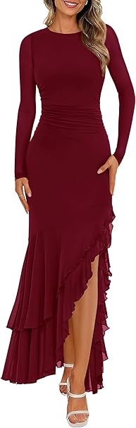 BTFBM Women's Maxi Dresses Fall 2025 Long Sleeve Ruched Bodycon Solid Ruffle Mermaid Cocktail Wedding Guest Dress