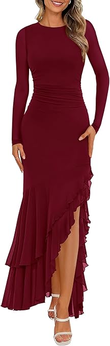 BTFBM Women's Maxi Dresses Fall 2025 Long Sleeve Ruched Bodycon Solid Ruffle Mermaid Cocktail Wedding Guest Dress