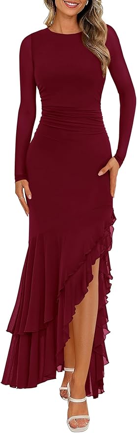 BTFBM Women's Maxi Dresses Fall 2025 Long Sleeve Ruched Bodycon Solid Ruffle Mermaid Cocktail Wedding Guest Dress