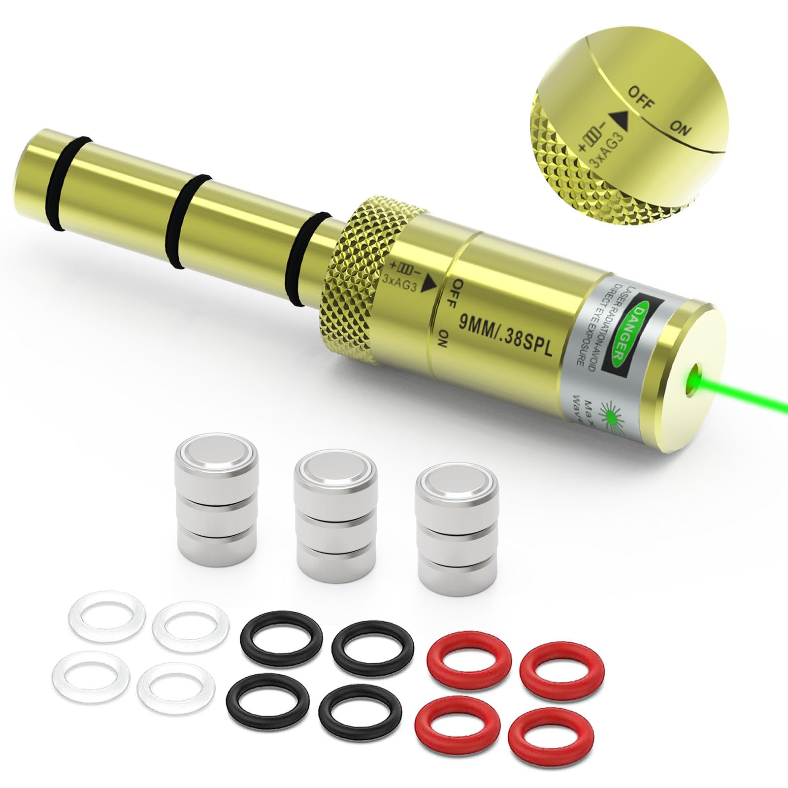 Bayattoo 9mm/.38 Special/.357Mag/.380acp Special Green Laser Boresighter End Barrel Laser Bore Sight with Switch Turn ON/Off, Accurately and Easy to Use