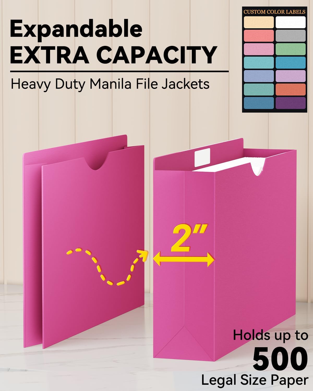 ANSOOK Reinforced Plastic File Jackets,Heavy Duty 2" Expansion Accordion Pocket File Folders,Legal Size Filing Cabinet Folder,12 Pack Poly Manila Folders,Straight Cut Tab,Color Job Folder for Office