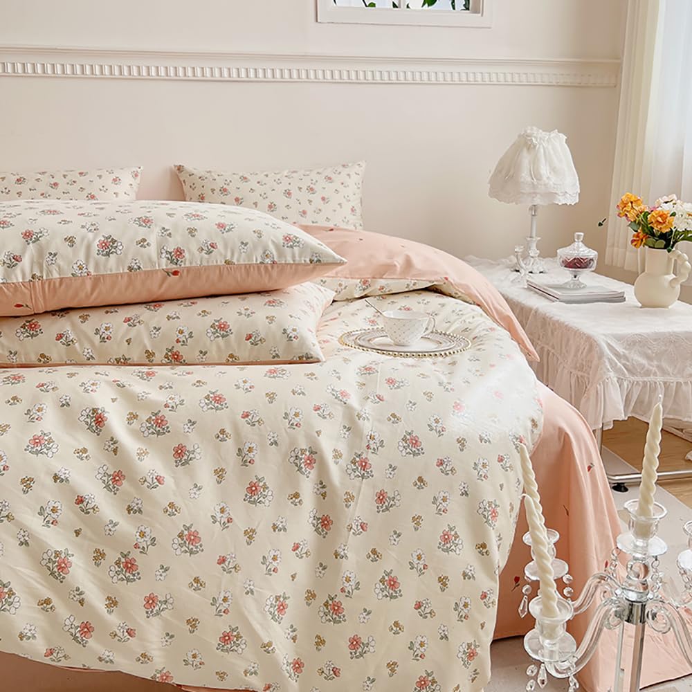 Covebett Duvet Cover Double Beige Pink Floral Flowers Botanical Meadow Reversible Bedding Set Pink Flower Print Microfiber Comforter Cover 200x200 cm with Zipper Closure and 2 Pillowcases 50x75 cm โ image 1