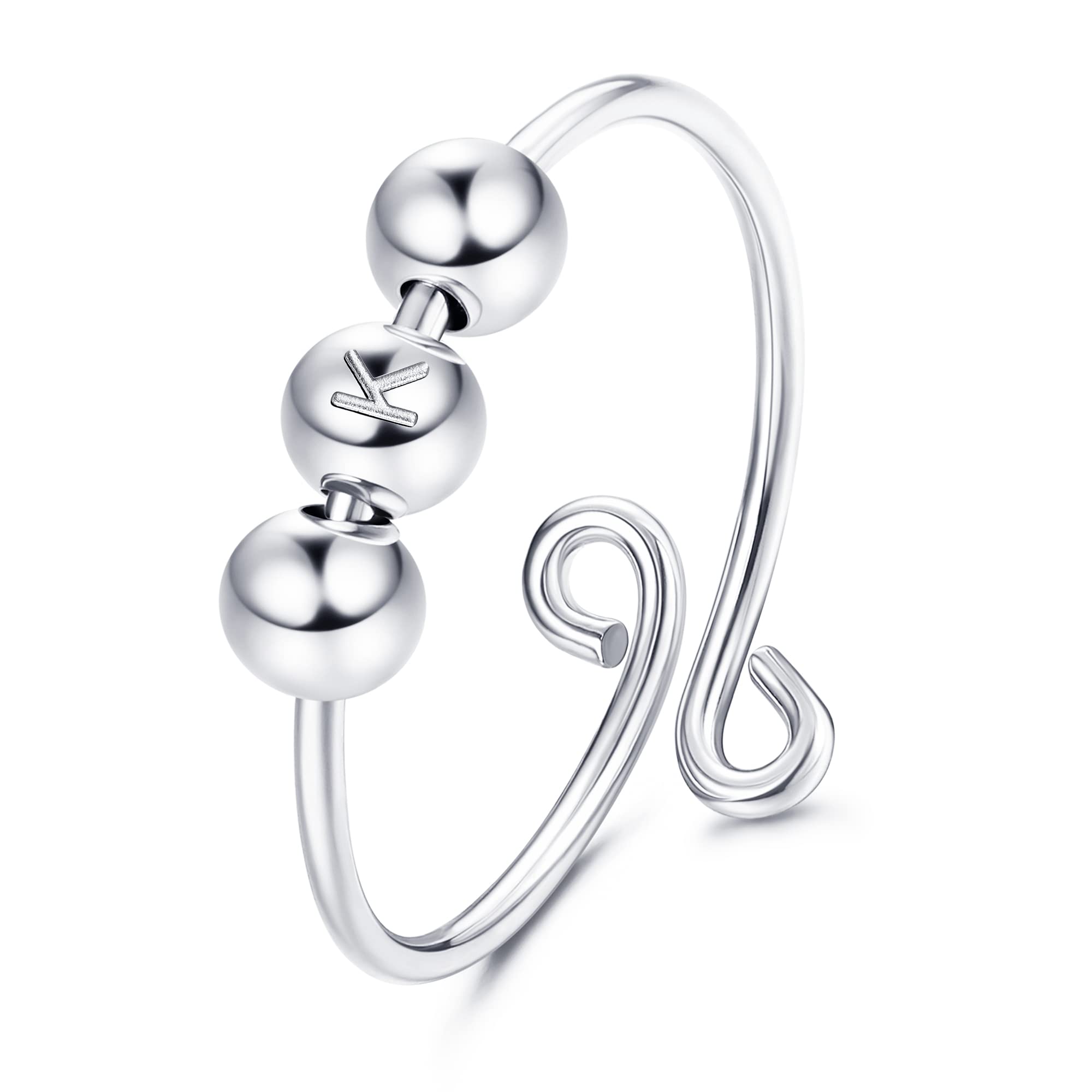 MUSECLOUD925 Sterling Silver Initial Fidget Anxiety Ring for Women Stacking A-Z Silver Letter Promise Rings Adjustable Simple Thumb Spinner Ring