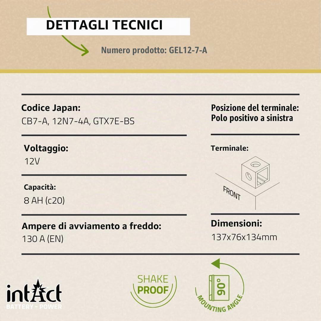 intAct - BATTERIA MOTO IN GEL Bike-Power GEL12-7-A. Sostituisce YB7-A, 12N7-4A. Batteria moto 12V 8Ah 130A. Dimensioni: 137x76x134mm. Con fino al 30% in più di potenza di avviamento.