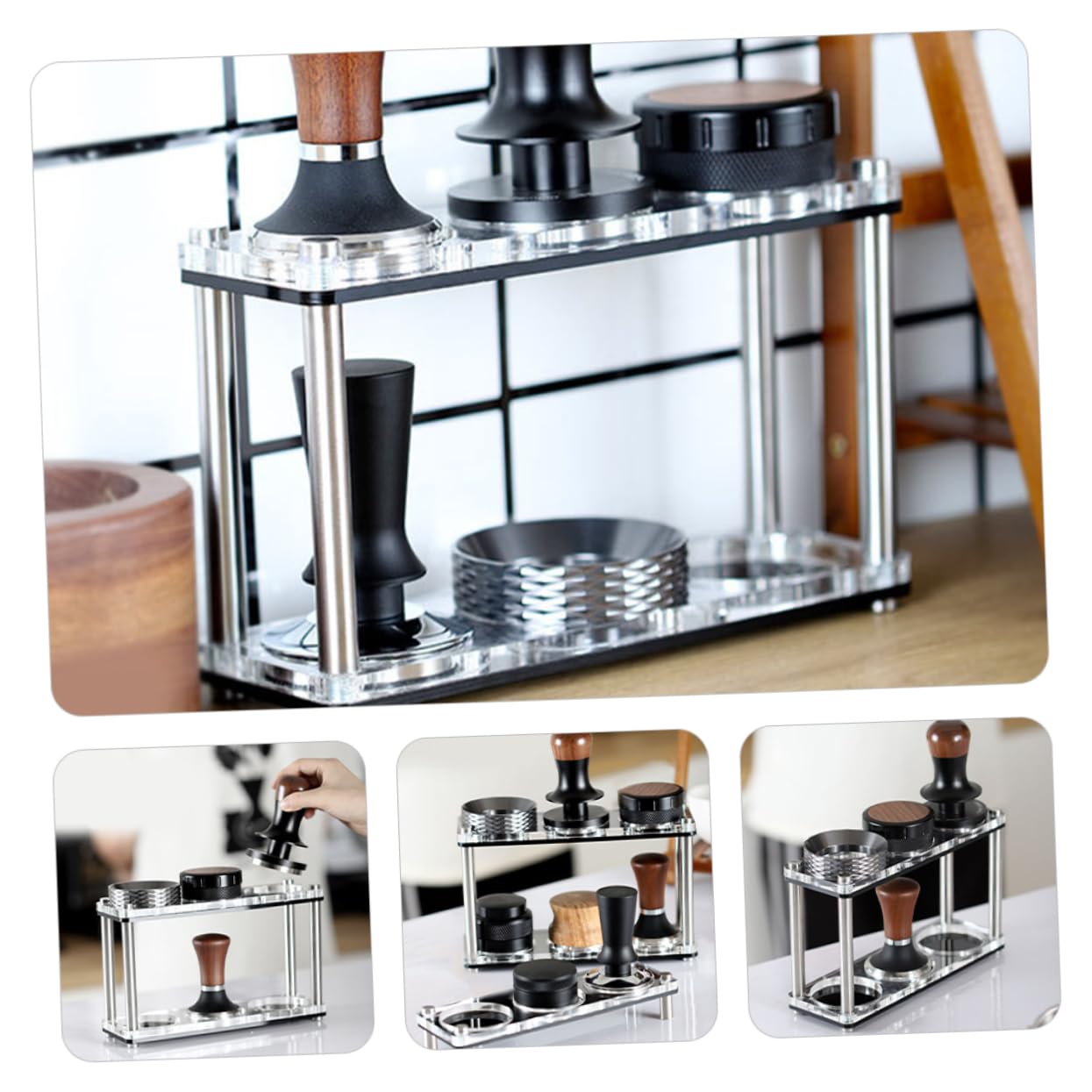 PRETYZOOM Acryl Doppelschicht Regal für Kaffeezubehör mit 51/53/58mm Halterung und Aufbewahrungsplatz