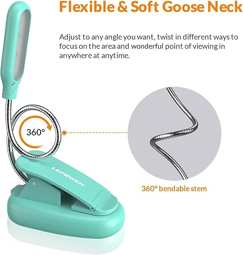 Miniatura 4 de LEPOWER Luz de libro con clip, luz de lectura, luz de clip con 5 LED para el cuidado de los ojos, 3 colores cambiables, lámpara de lectura portátil,