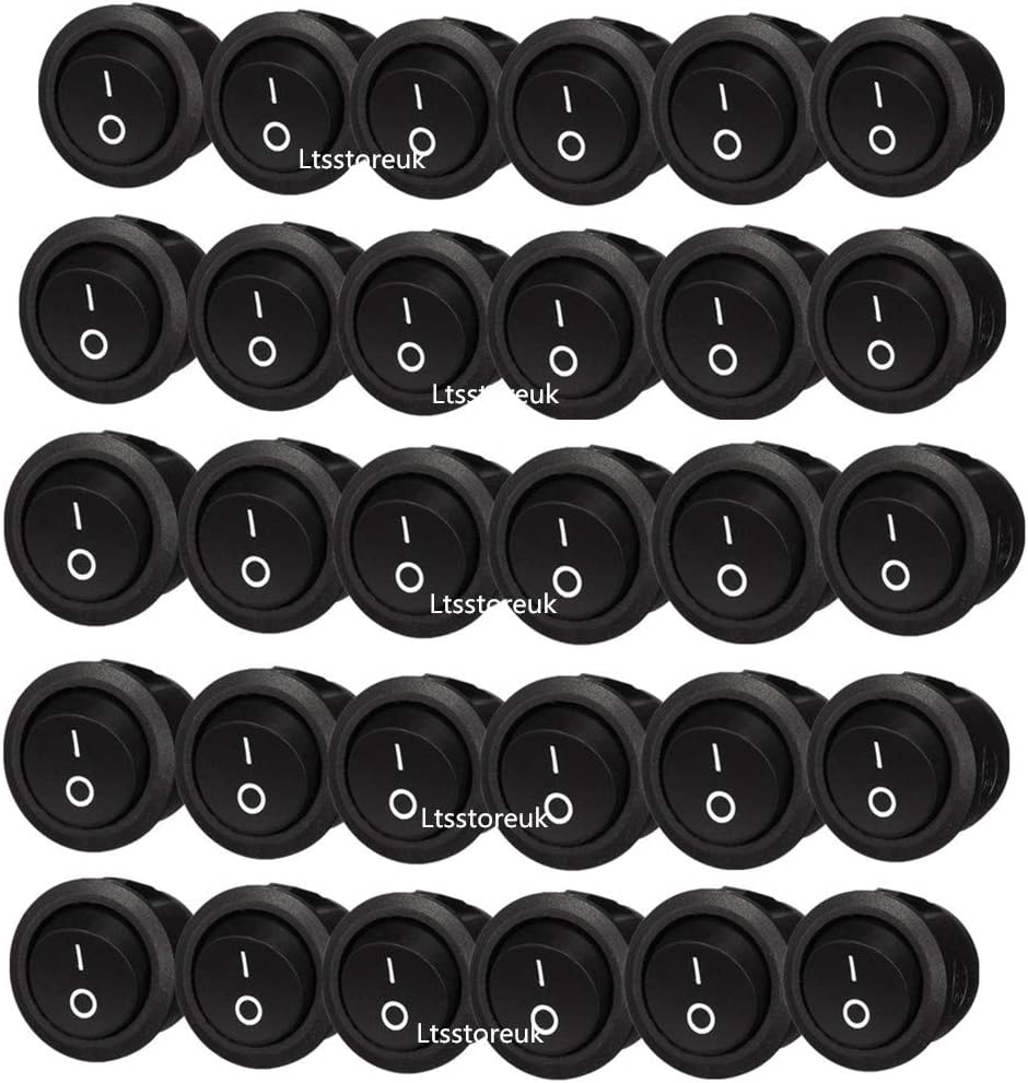 25Pcs On/Off Rocker Switch with 25Pcs Waterproof Caps, Lsgoodcare 2 Position Mini Boat Switch Round 10A/125V, 2 Pin 6A/250V SPST Press Button Toggle Switch Black for Car Auto Household Appliances
