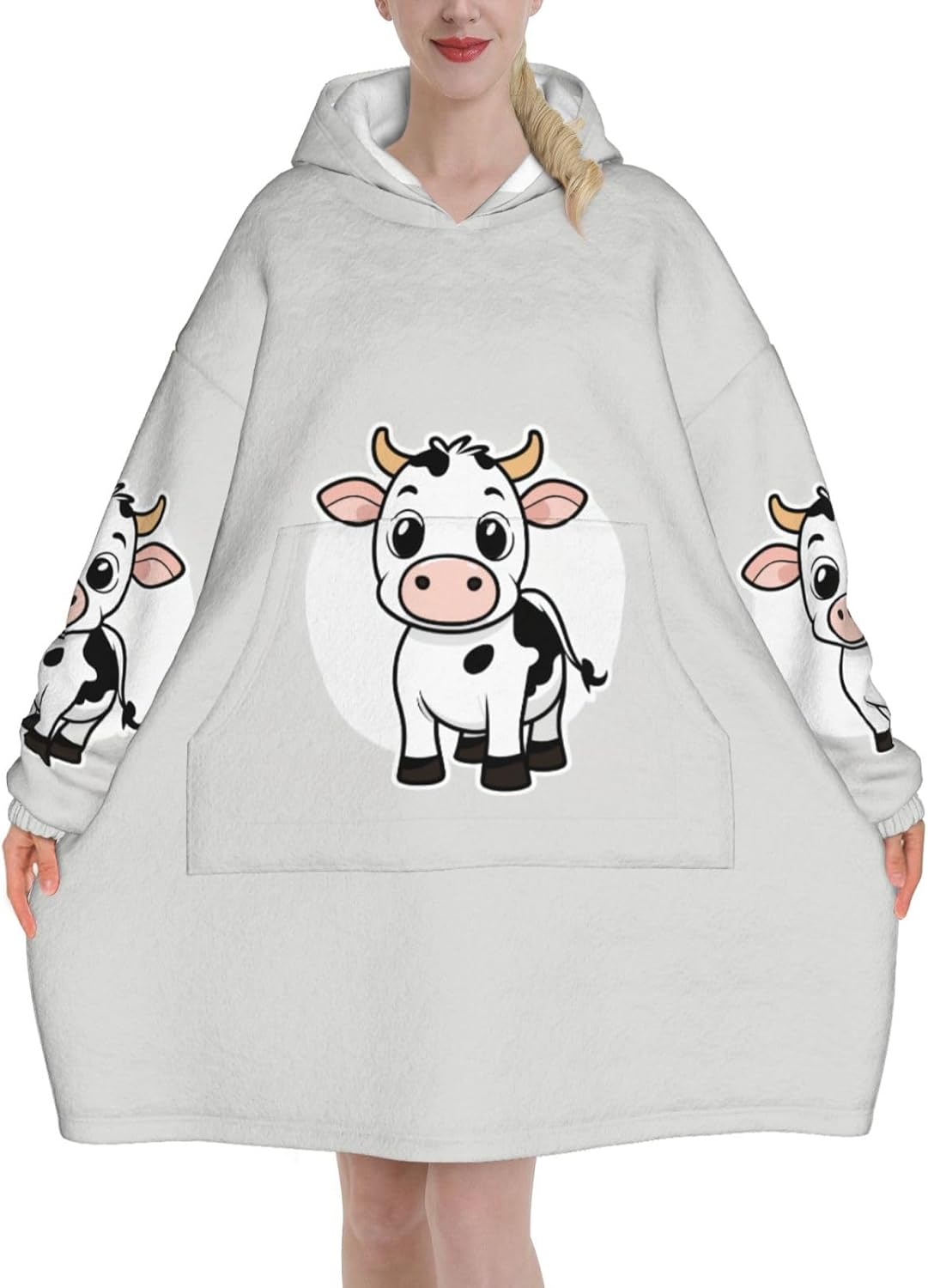 Cartoon Milk Cow Print﻿ ﻿winter Cozy Blanket Hoodie Wearable With Sleevesfor Christmas New Year Loungewear