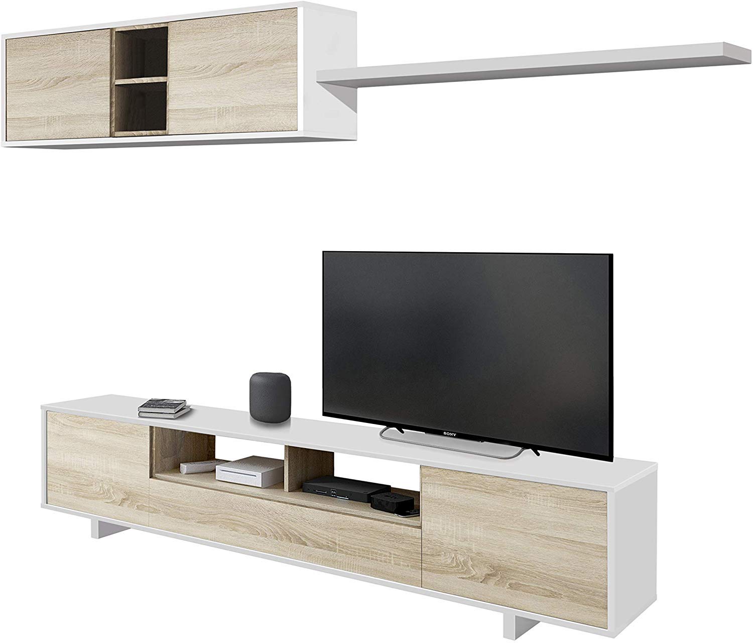 Arreditaly Parete Attrezzata Nottingham Mobile Soggiorno TV con Ripiani, Ante E Mensola Ideale per Salotto Legno Base Televisione Sala da Pranzo Design Moderno 200 x 41 x 46 cm Colore Bianco e Rovere