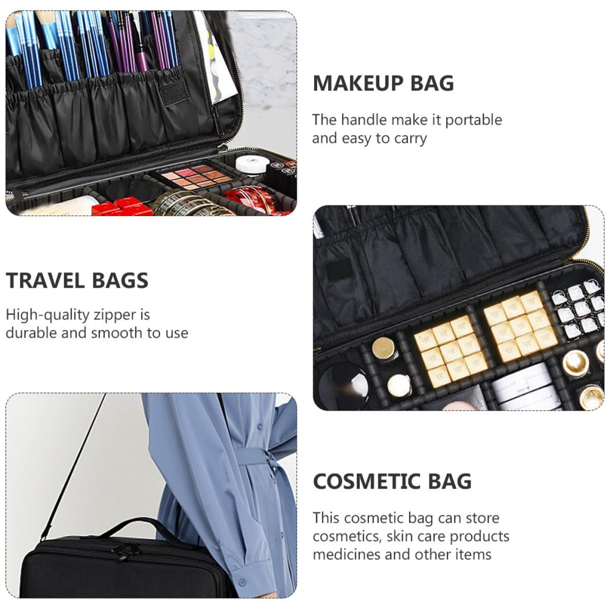 minkissy Bolsa de Cosméticos Práctica y Fácil de Llevar de Tela Oxford Negra Diseño de Compartimentos y Asa para Almacenaje y Viaje de Maquillaje