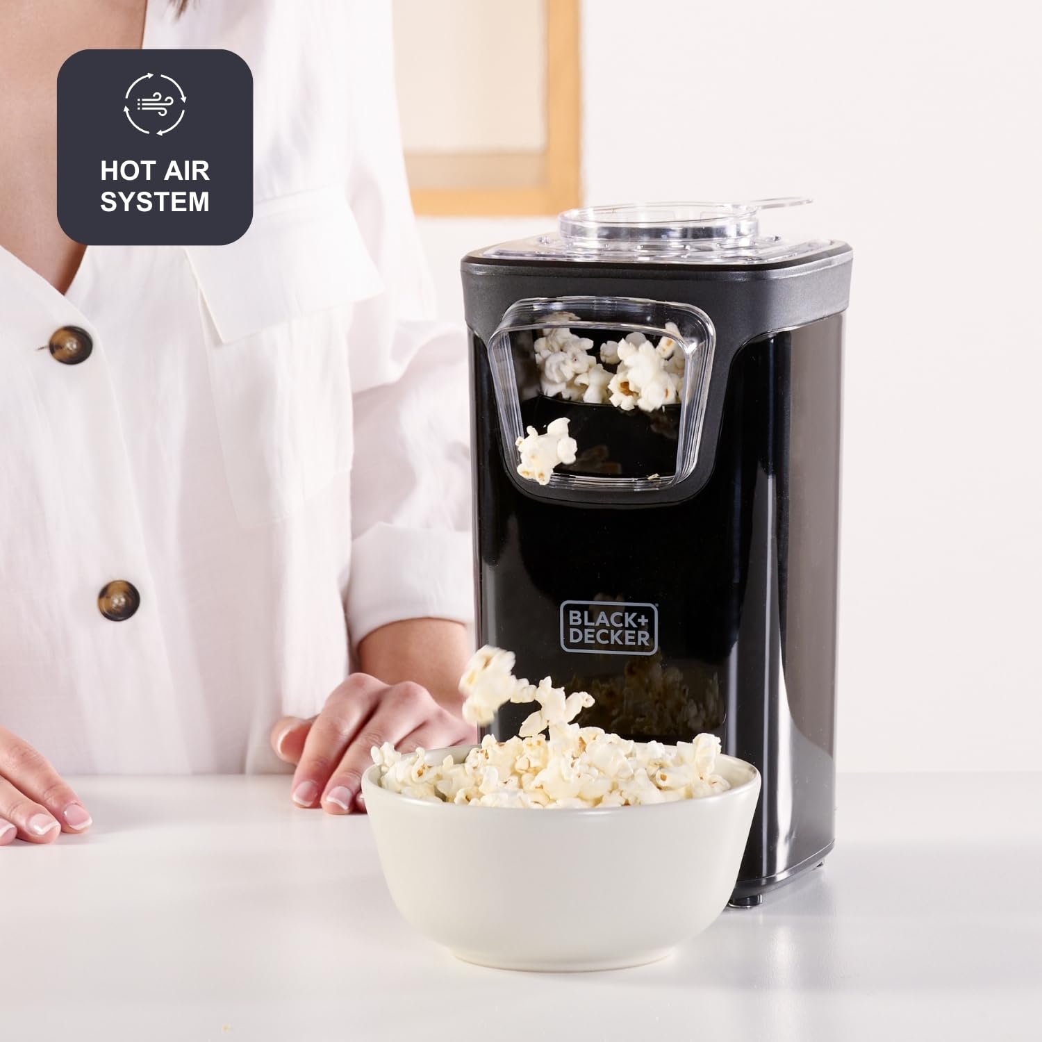 BLACK+DECKER BXPC1100E – Popcornmaschine 1100 W | Ohne Öl | Fertig in 3 Min | Heißluft-Technologie | Große Kapazität | Transparenter Deckel | Rutschfester Standfuß | Multifunktionaler Messbecher