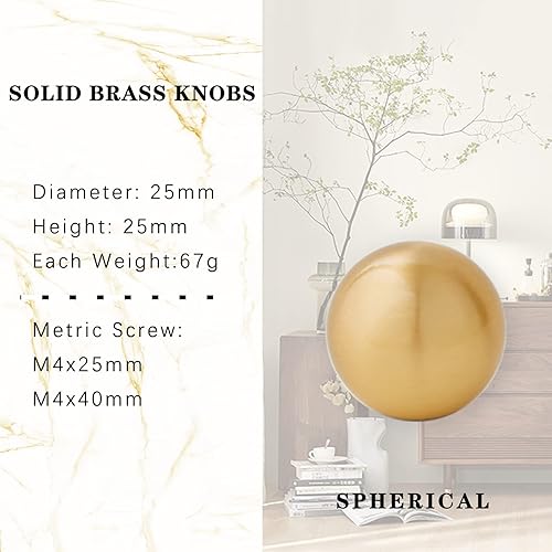 Miniatura 2 de RZDEAL 4 perillas de latón macizo de 1.0 pulgadas para gabinete, bola dorada cepillada, manijas y tiradores de herrajes para puertas de muebles